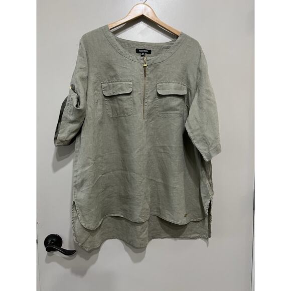 Linen Blouse Zip lagenlook Tunic 2X Roll Tab Short Sleeve sage , oxidized Gold - Picture 1 of 7